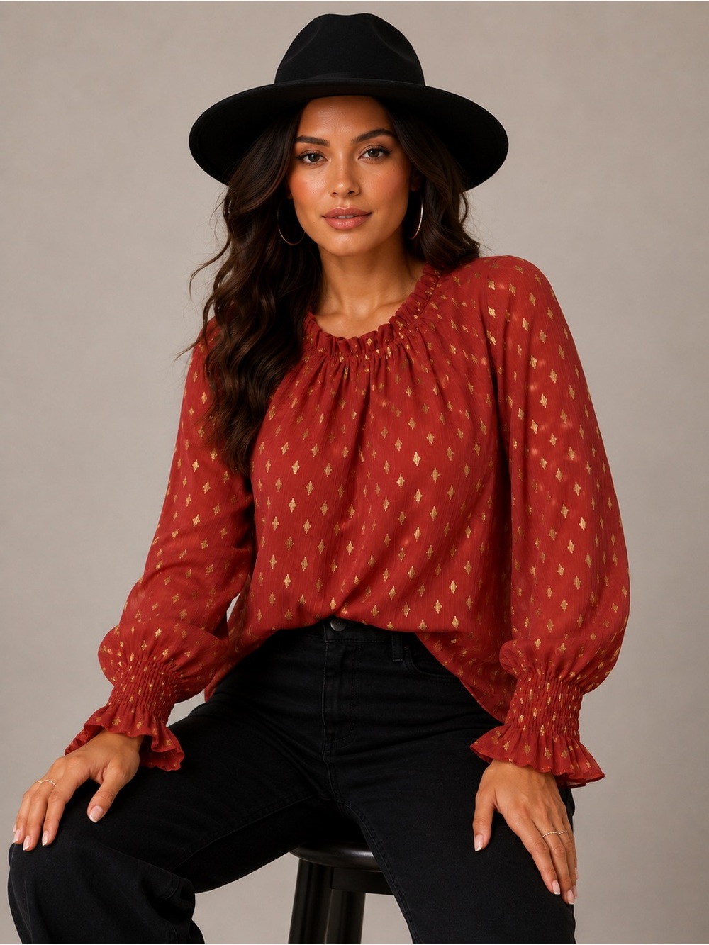 JODIFL Rust Blouse with Gold Motif and Smocked Details